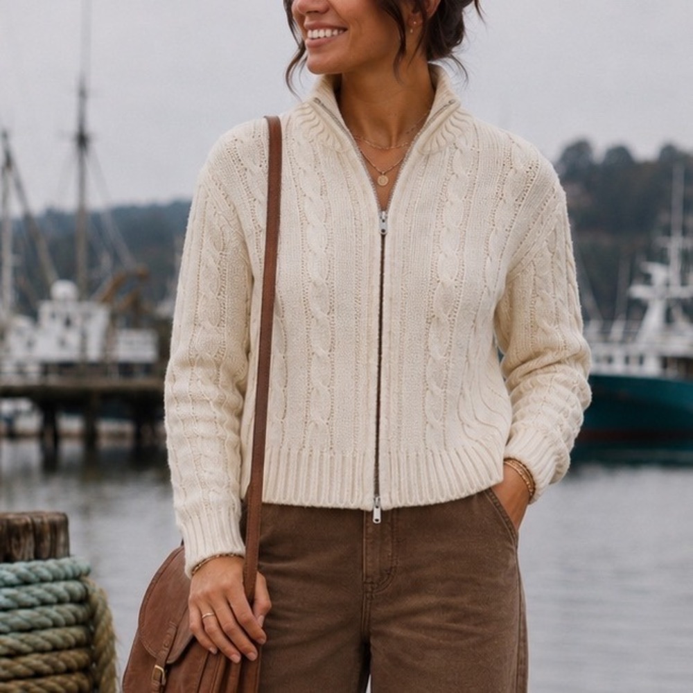 CABI Eastman Cable Knit Cardigan M #4653 Cream Fisherman Heritage Old Money